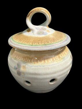 Vintage Artisan Stoneware Drip Glaze Garlic Keeper with Lid Signed Earthtones